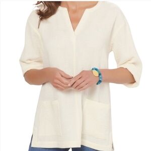 SOFT SURROUNDINGS Azara Gauze V Neck Pockets Coastal Beachy Cream Small